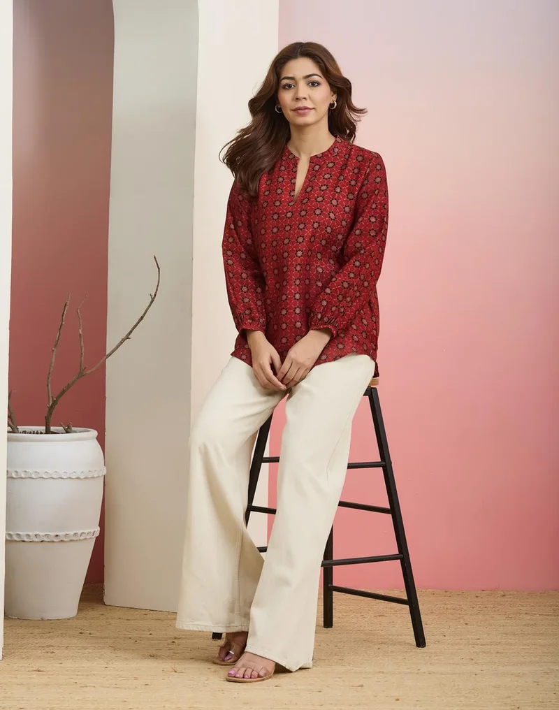 Fabindia  Red Cotton Silk Printed Clara Tunic for Women | Best Price UAE