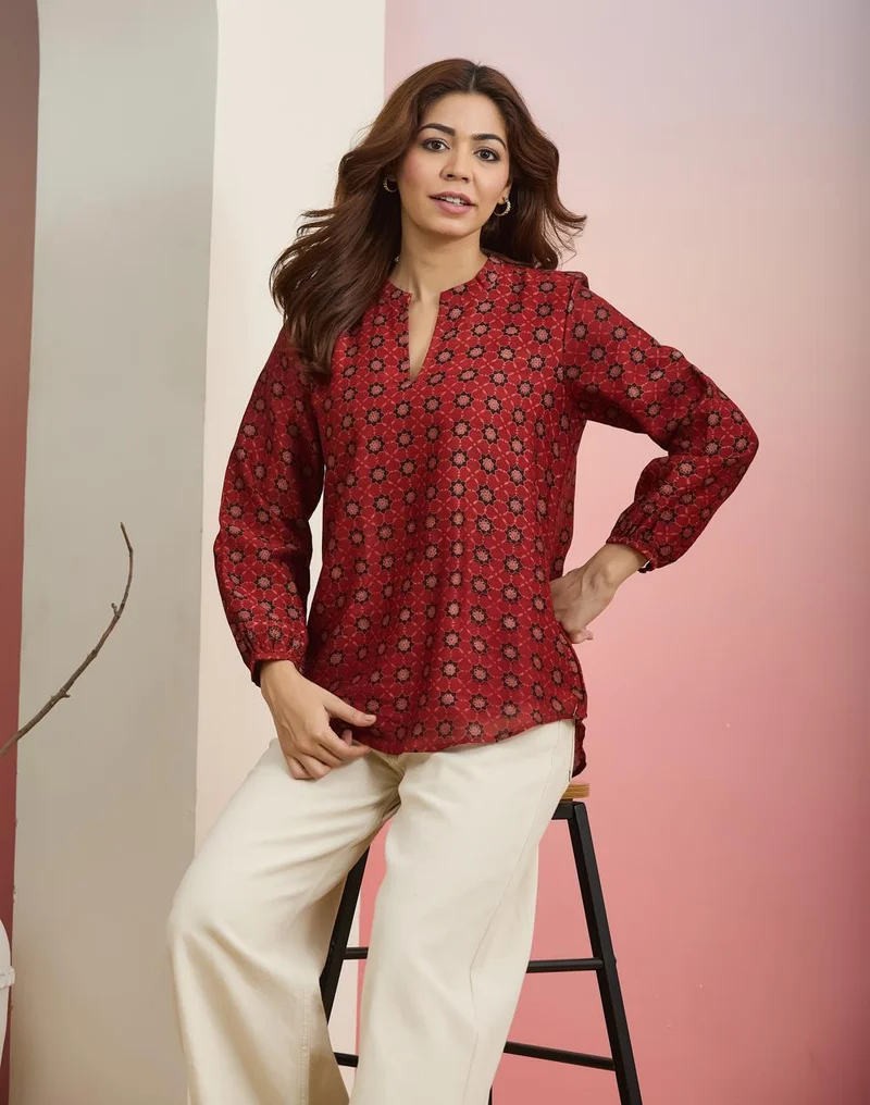 Red Cotton Silk Printed Clara Tunic