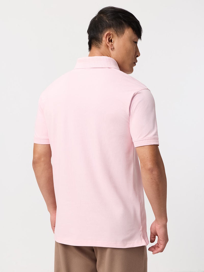 The Souled Store: Pique Polo Rosebud Men and Boys Short Sleeve Spread Collar Light Pink Solid Cotton Elastane Blend Regular Fit Jacquard Collar Breathable Everyday All-Season Polo Shirts - Image 4