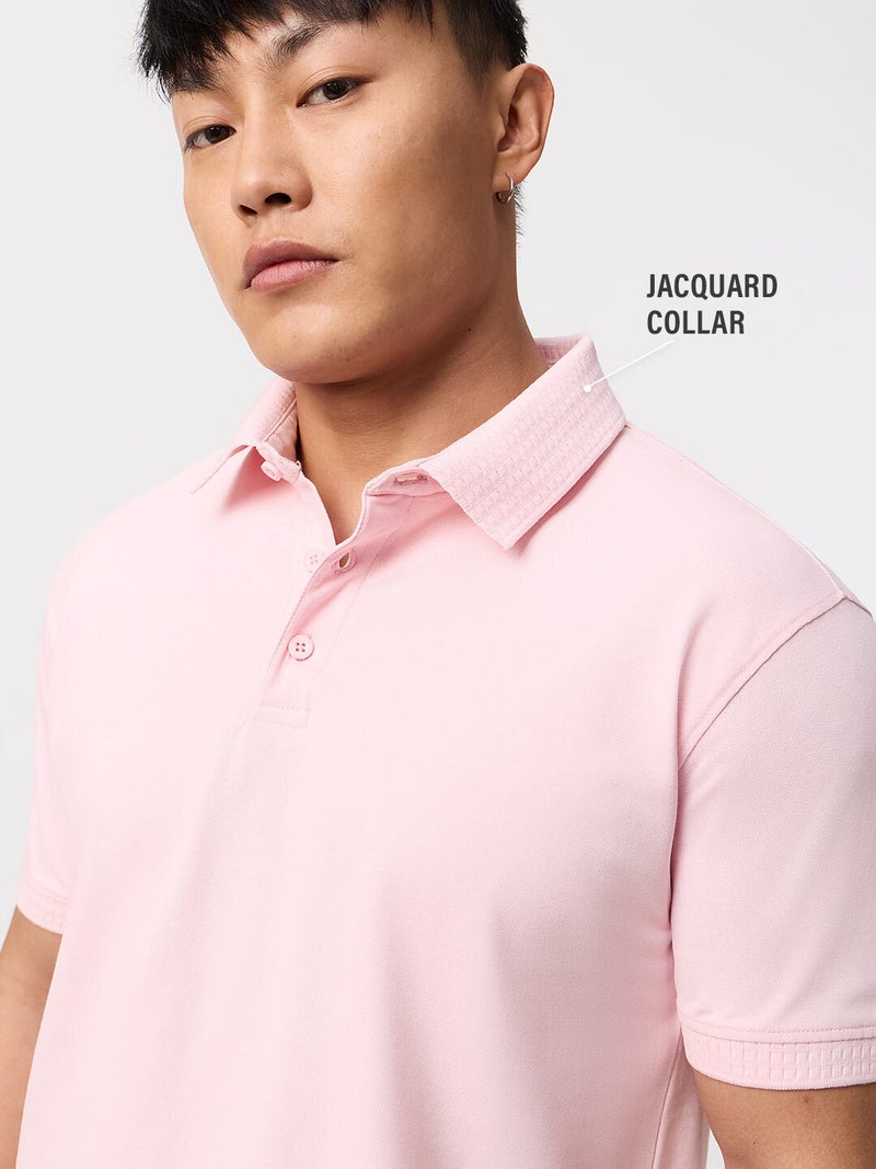 The Souled Store: Pique Polo Rosebud Men and Boys Short Sleeve Spread Collar Light Pink Solid Cotton Elastane Blend Regular Fit Jacquard Collar Breathable Everyday All-Season Polo Shirts - Image 2
