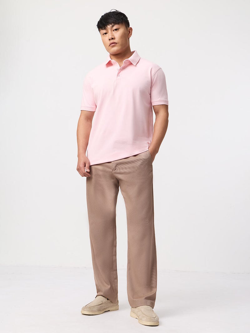 The Souled Store: Pique Polo Rosebud Men and Boys Short Sleeve Spread Collar Light Pink Solid Cotton Elastane Blend Regular Fit Jacquard Collar Breathable Everyday All-Season Polo Shirts - Image 3