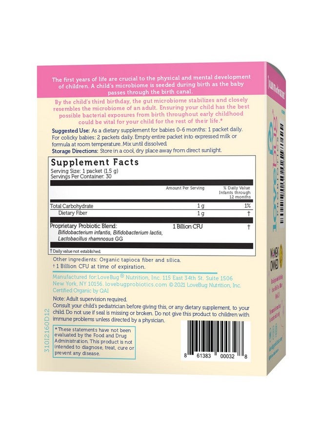 LoveBug Probiotics حبوبة الحب جائزة فائزة بروبيوتيك عضوي معتمد من وزارة الزراعة الأمريكية للأطفال الرضع ؛ أعمار 06 أشهر ؛ يساعد في المغص والارتجاع والإسهال والإمساك والغازات ؛ مسحوق بلا طعم ؛ خالي من السكر ؛ خالي من مسببات الحساسية وغير معدّل وراثيًا ونباتي - Image 2