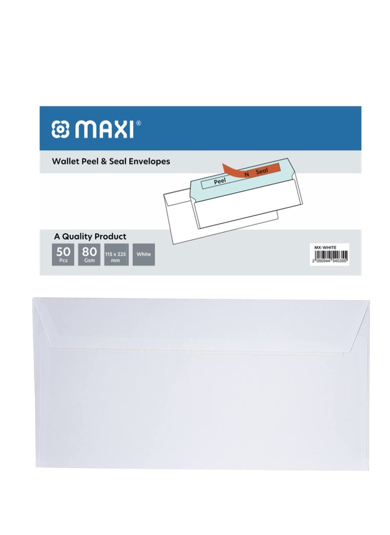 Maxi 50-Piece Peel And Seal Envelopes 115x225mm White  - Image 1