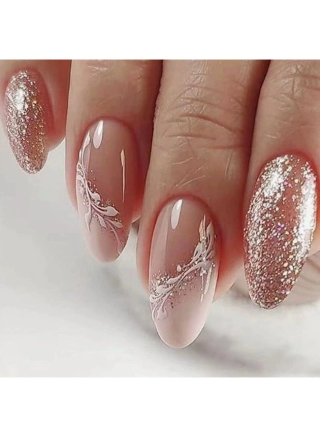 Goolsky أظافر ضغط بيضاوية متوسطة فاخرة مع زهور لامعة باللون الوردي العاري للأناقة الرقيقة - Image 1