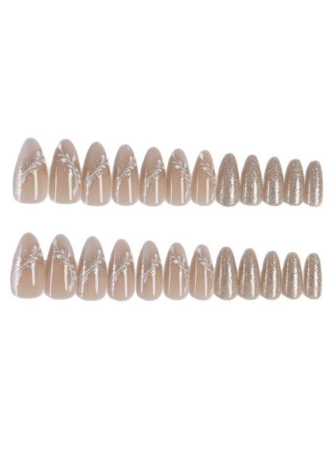 Goolsky أظافر ضغط بيضاوية متوسطة فاخرة مع زهور لامعة باللون الوردي العاري للأناقة الرقيقة - Image 2