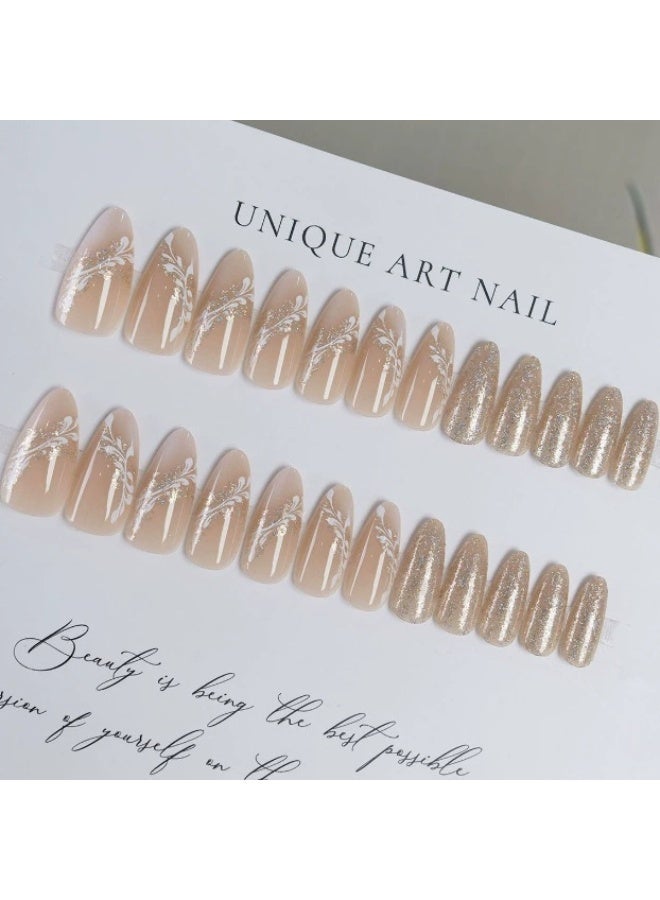 Goolsky أظافر ضغط بيضاوية متوسطة فاخرة مع زهور لامعة باللون الوردي العاري للأناقة الرقيقة - Image 3