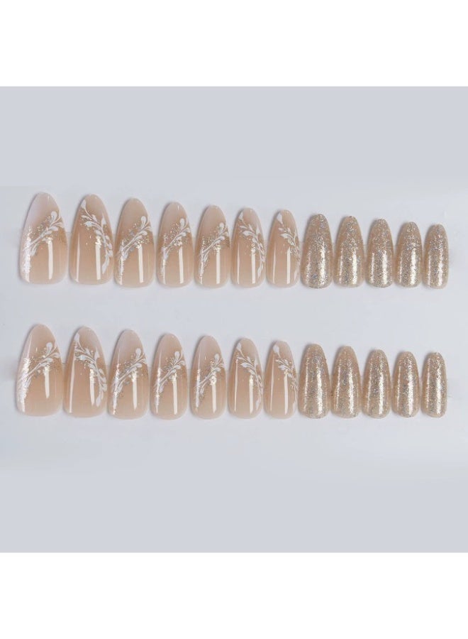 Goolsky أظافر ضغط بيضاوية متوسطة فاخرة مع زهور لامعة باللون الوردي العاري للأناقة الرقيقة - Image 4