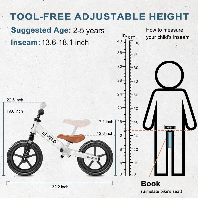 SEREED Toddler Balance Bike 2 Year Old, No Pedal Kids Toy Bike for 2-5 Years Old, Tool-Free Adjustment, Gift for 2-3 Boys Girls, Customize Plate with 3pcs Stickers (White) - Image 3
