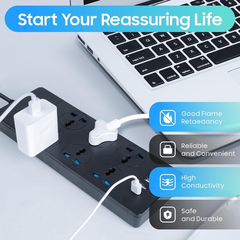 بيتيون سلك تمديد عالمي من ، مع 6 مقابس من نوع UK Plug 3-Pin و4 منافذ USB، سلك طاقة بطول 2 متر مع حماية من زيادة التيار للمطبخ والمنزل والمكتب (أسود) - Image 4