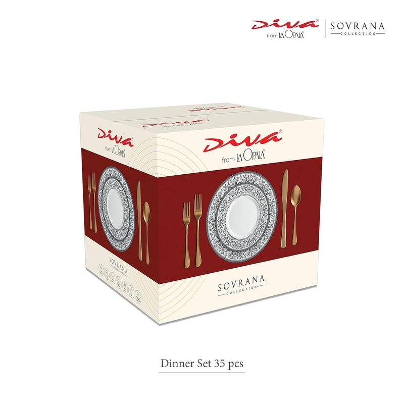 La Opala Diva Sovrana Collection Opal Glass Crockery | for Family of 6 | Dinner Set 35 pcs Moroccan Gold | Plates & Bowls for Dining | Microwave Safe | 100% Vegetarian | Extra Strong | Light & White