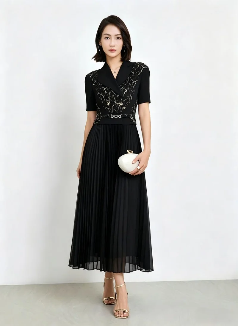 Take Two Black Self Design Pleated A-Line Midi Dress