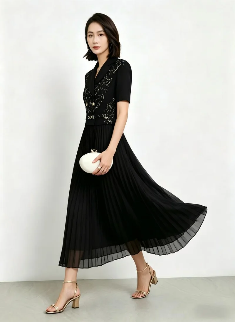 Take Two Black Self Design Pleated A-Line Midi Dress