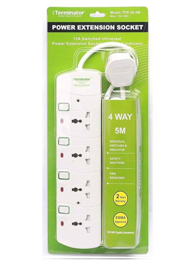 4-Way Universal Power Extension Socket, 5M Heavy-Duty Cable, Individual Switches, 13A Fused Plug  - Image 1
