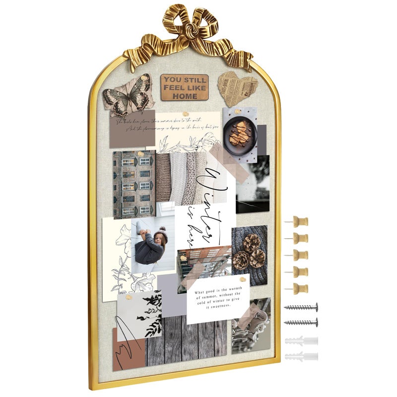 Umtiti 19" x 32" Vintage Arch Copper Frame Large Linen Bulletin Board with Bowknot for Wall Decor in Home Officeï¼ŒBowknot Golden-4882 - Image 1