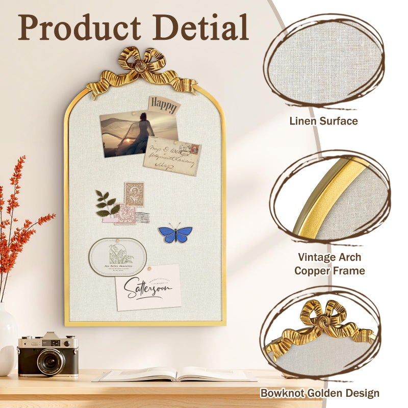 Umtiti 19" x 32" Vintage Arch Copper Frame Large Linen Bulletin Board with Bowknot for Wall Decor in Home Officeï¼ŒBowknot Golden-4882 - Image 3