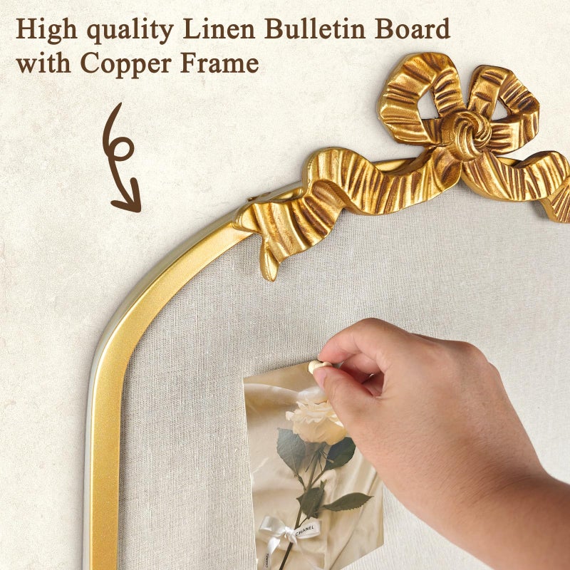 Umtiti 19" x 32" Vintage Arch Copper Frame Large Linen Bulletin Board with Bowknot for Wall Decor in Home Officeï¼ŒBowknot Golden-4882 - Image 4