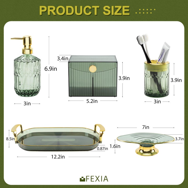 FEXIA Green Bathroom Accessories Set 5 Pcs Green Bathroom Decor with Decorative Vanity Tray for Boho Bathroom Decorations Soap Dispenser Toothbrush Holder Lotion Gifts for Women Home Apartment Decor - Image 2