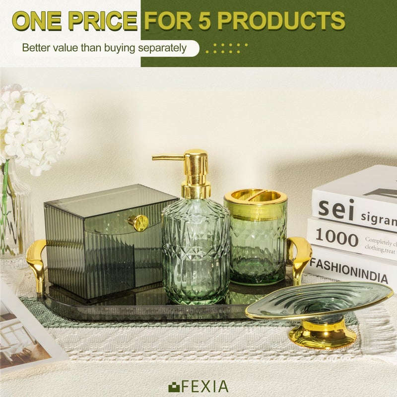 FEXIA Green Bathroom Accessories Set 5 Pcs Green Bathroom Decor with Decorative Vanity Tray for Boho Bathroom Decorations Soap Dispenser Toothbrush Holder Lotion Gifts for Women Home Apartment Decor - Image 5