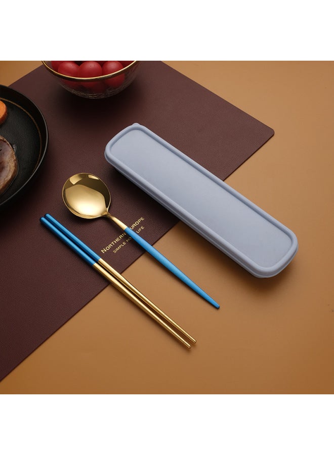 Stainless Steel Portable Tableware Chopsticks Spoon Suit Fork Green Outdoor Student Storage Camping Tableware Three-piece Set