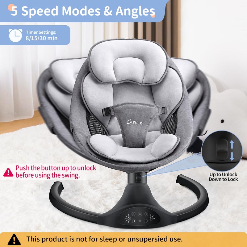 LAREX Baby Swing Infant Swing Electric Toddler Baby Rocker Portable for Newborn Boy Girl, 5 Sway Speeds with Remote Control, 10 Preset Melodies and Bluetooth, 0-6 Months Max 20 Lbs (Black) - Image 2