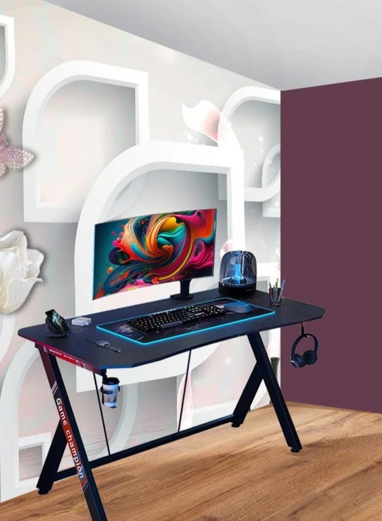 إكسبرت مكتب الألعاب للاعبين، فكرة هدية مثالية، مكتب الكمبيوتر، مكتب المنزل، مكتب العمل، سطح من الألياف الكربونية، طاولة الألعاب مع خطاف للسماعات وحامل للكأس.EI-205 - Image 1