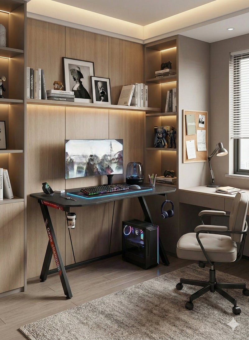 Gaming Desk Gaming Desk for Gamers Gift Idea PC Computer Desk Home Office Desk Workstation with Carbon Fiber Surface Gaming Table with Headphone Hook and Cup Holder.EI-205 - Image 2