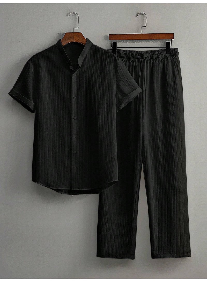 Men's Casual 2-Piece Outfit Textured Pleated Co-ord Set Short Sleeve Stand Collar Shirt and Long Pants Loungewear Clothes Black - Image 1