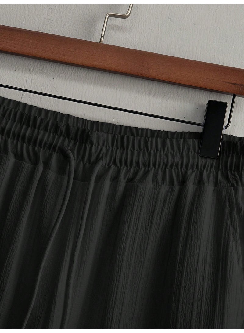 Men's Casual 2-Piece Outfit Textured Pleated Co-ord Set Short Sleeve Stand Collar Shirt and Long Pants Loungewear Clothes Black - Image 5