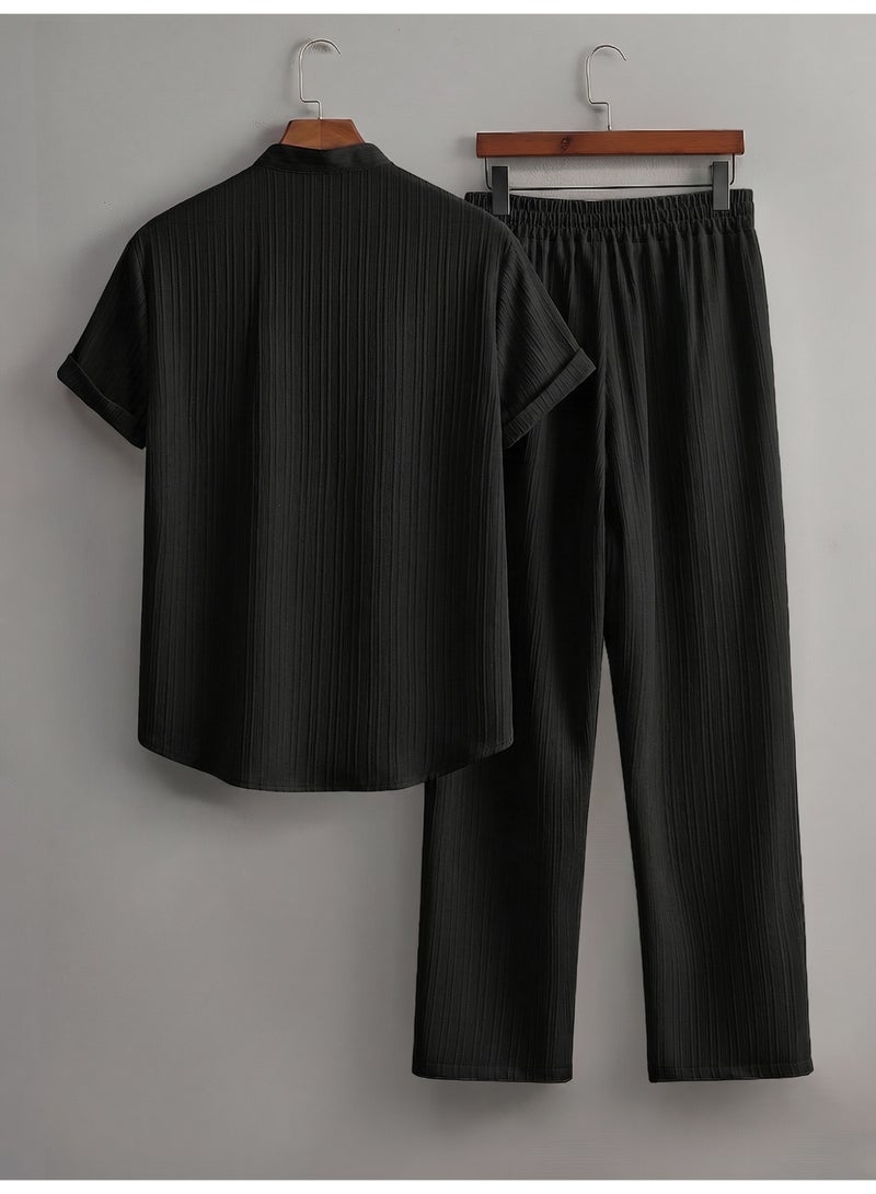 Men's Casual 2-Piece Outfit Textured Pleated Co-ord Set Short Sleeve Stand Collar Shirt and Long Pants Loungewear Clothes Black - Image 2