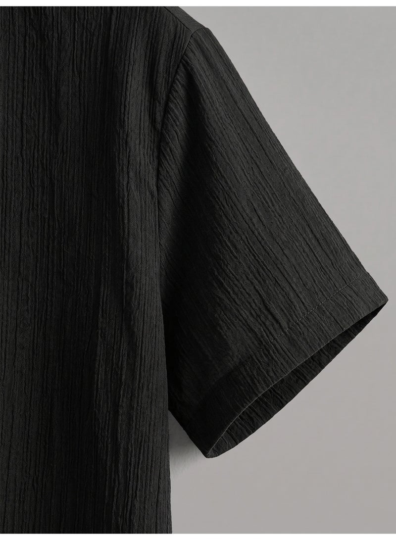 Men's Casual 2-Piece Outfit Textured Pleated Co-ord Set Short Sleeve Stand Collar Shirt and Long Pants Loungewear Clothes Black - Image 3