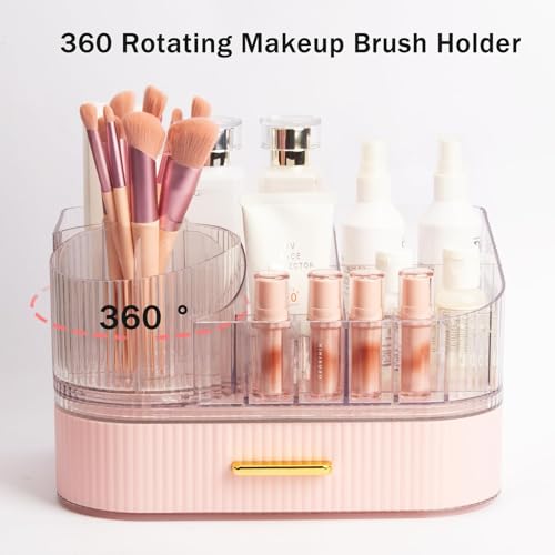 STORICANS 360 Rotating Makeup Organizer with Stackable Drawer, 11-inch Wide Large Cosmetic Display Case, Makeup Brush Holder, Skincare Organizers and Storage for Dresser, Vanity, Bathroom Countertop - Image 2