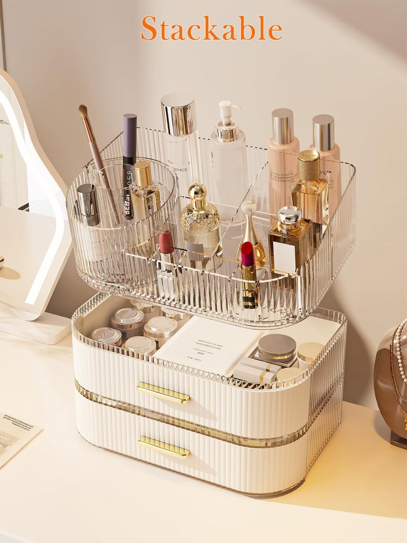 STORICANS 360 Rotating Makeup Organizer with Stackable Drawer, 11-inch Wide Large Cosmetic Display Case, Makeup Brush Holder, Skincare Organizers and Storage for Dresser, Vanity, Bathroom Countertop - Image 4