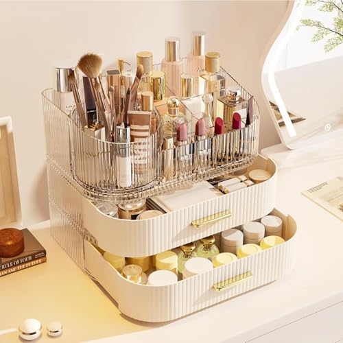 STORICANS 360 Rotating Makeup Organizer with Stackable Drawer, 11-inch Wide Large Cosmetic Display Case, Makeup Brush Holder, Skincare Organizers and Storage for Dresser, Vanity, Bathroom Countertop - Image 3