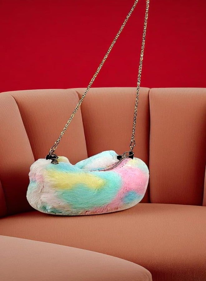 Girls Mini Sling Bag, Multicolor Fur, Butterfly Design - Image 3