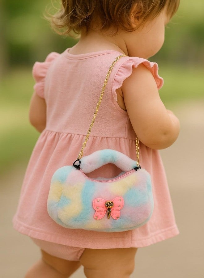 Girls Mini Sling Bag, Multicolor Fur, Butterfly Design - Image 2