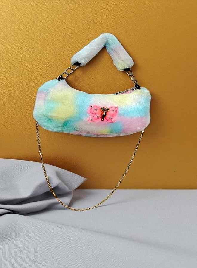 Girls Mini Sling Bag, Multicolor Fur, Butterfly Design - Image 4