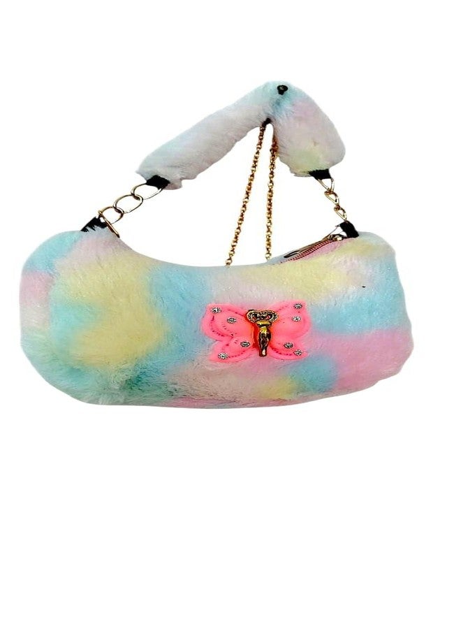 Girls Mini Sling Bag, Multicolor Fur, Butterfly Design - Image 1