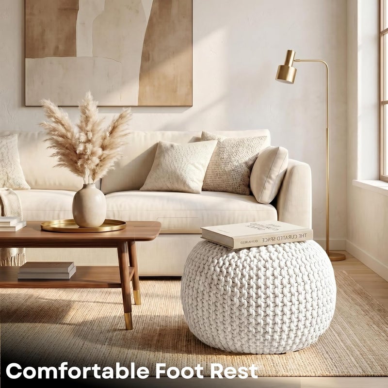 Palisa Round Pouf Ottoman - Ivory, Stuffed Boho Cable Knitted Foot Rest Stool for Couch, Living Room, Outdoor Patio Seat | Hand Woven Chair Pouffs for Kids Bedroom - 20x20x14 Inches - Image 3
