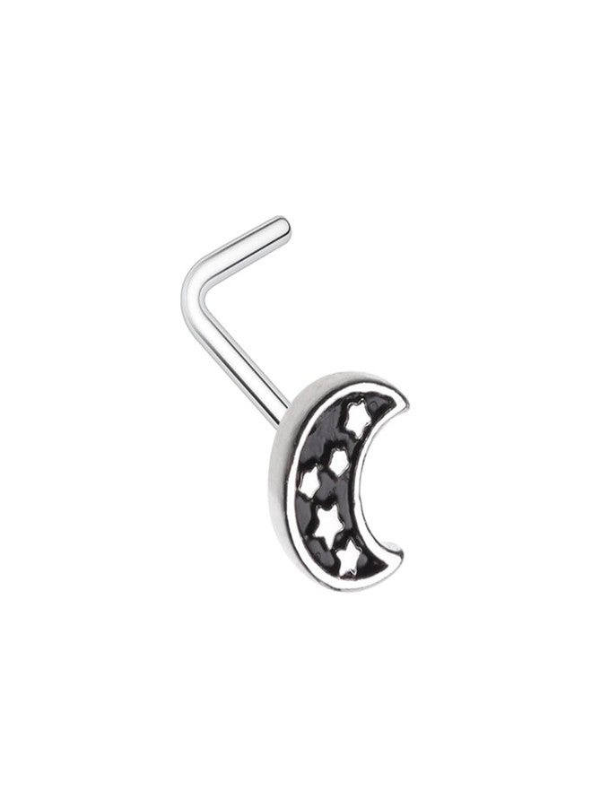 Pierced Owl 20GA Stainless Steel Black Crescent Moon with Stars L-Bend Nose Stud - Image 1