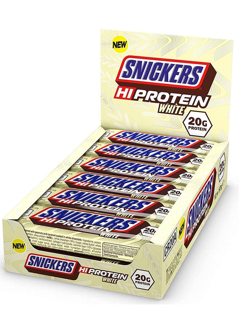 Snickers Hi protein White Peanut and Caramel Flavour Bar, 57g pack of 12 - Image 1
