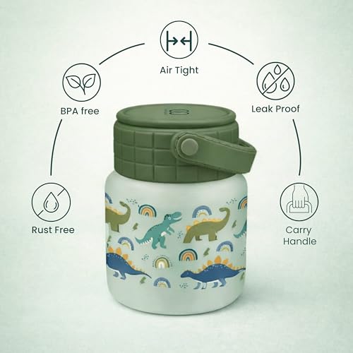 ONE AND ONLY Stainless Steel Kids Lunch Box with Foldable Spoon Green Dino-Themed Printed 450 mL Food with Silicone Handle for the School - Image 2