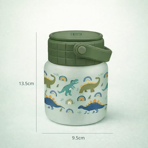ONE AND ONLY Stainless Steel Kids Lunch Box with Foldable Spoon Green Dino-Themed Printed 450 mL Food with Silicone Handle for the School - Image 5