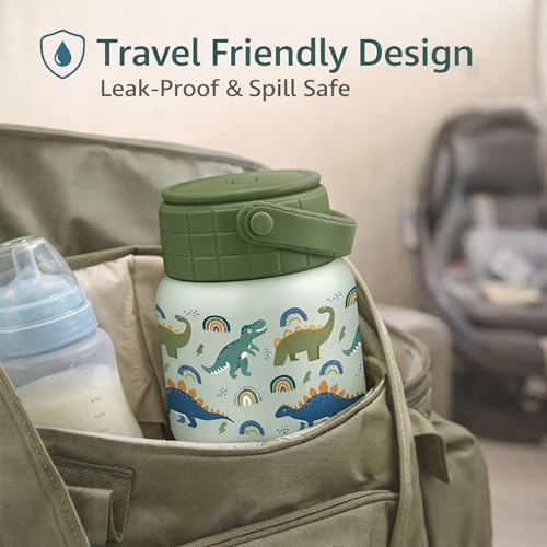 ONE AND ONLY Stainless Steel Kids Lunch Box with Foldable Spoon Green Dino-Themed Printed 450 mL Food with Silicone Handle for the School - Image 4
