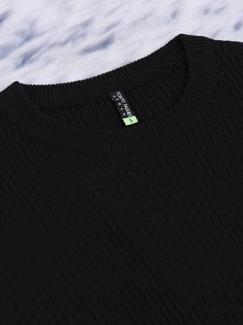 Tokyo Talkies Tokyo Talkies Ribbed Knit Round Neck Sweater with Long Sleeves and Button Details