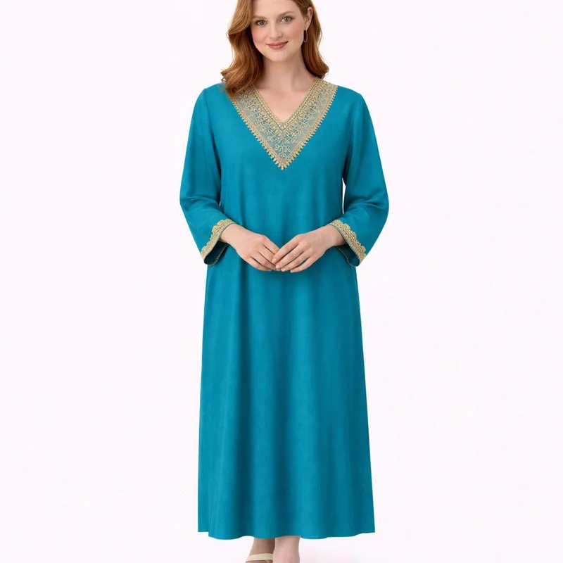 Artemea  Teal Blue Festive Kaftan Jalabiya with Golden Embroidered Neckline and cuff for Women | Best Price UAE