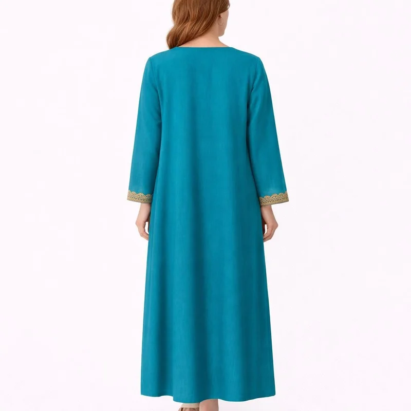 Artemea  Teal Blue Festive Kaftan Jalabiya with Golden Embroidered Neckline and cuff for Women | Best Price UAE