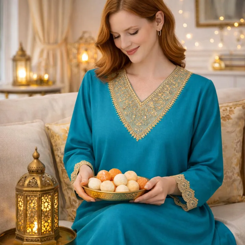 أرتيميا Teal Blue Festive Kaftan Jalabiya with Golden Embroidered Neckline and cuff