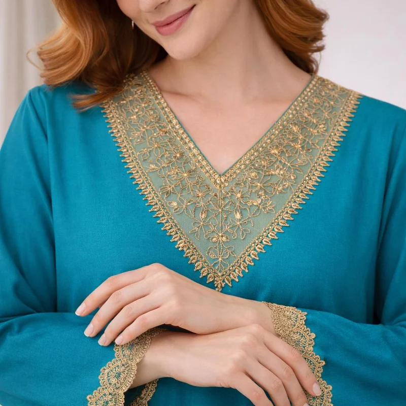 Artemea  Teal Blue Festive Kaftan Jalabiya with Golden Embroidered Neckline and cuff for Women | Best Price UAE