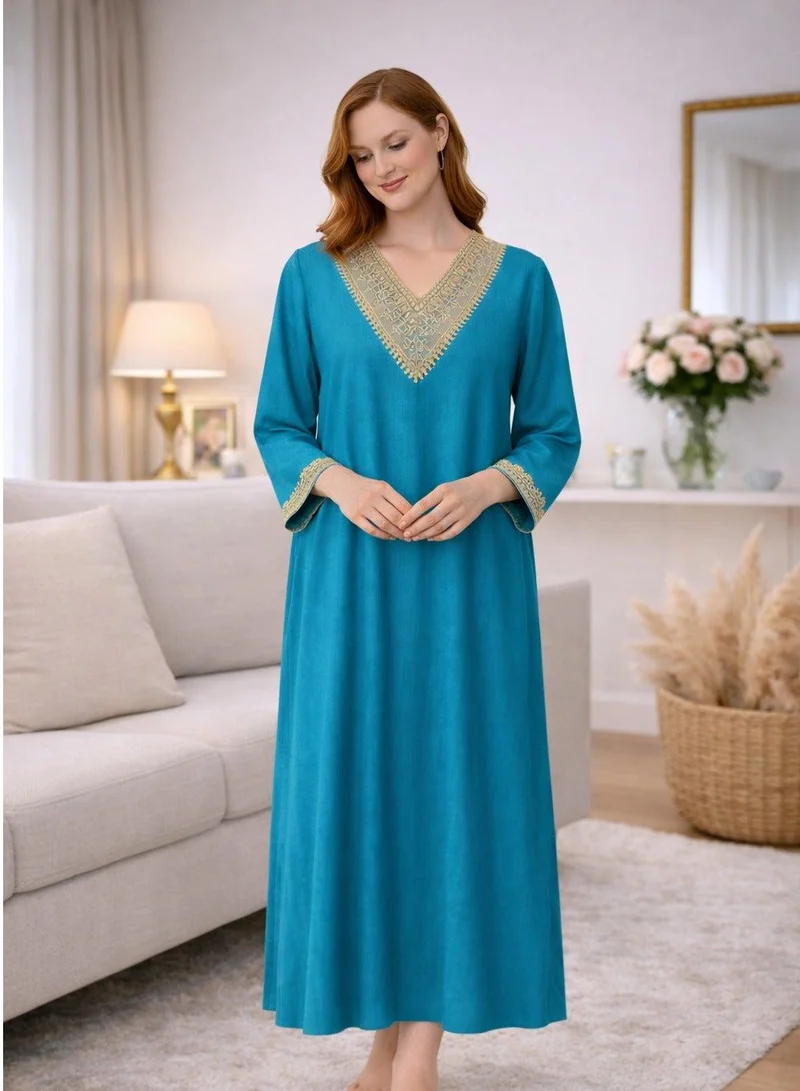 أرتيميا Teal Blue Festive Kaftan Jalabiya with Golden Embroidered Neckline and cuff