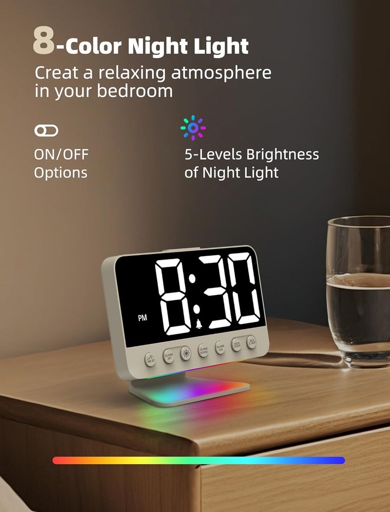Odokee Digital Alarm Clocks for Bedrooms: Large Bold Number 5 Brightness Dimmer - Easy to Read Across The Room - 5 Alarm Sound 8 Night Light - Putty - Image 5